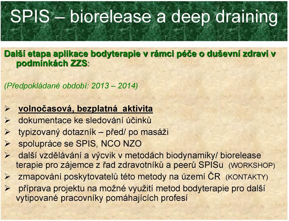 vzdělávání a výcvik v metodách biodynamiky/ biorelease terapie pro zájemce z řad zdravotníků a peerů SPISu (WORKSHOP) zmapování