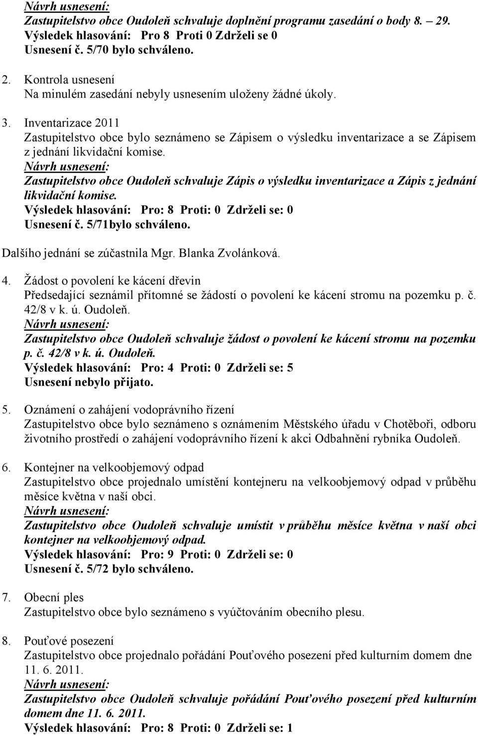 Zastupitelstvo obce Oudoleň schvaluje Zápis o výsledku inventarizace a Zápis z jednání likvidační komise. Výsledek hlasování: Pro: 8 Proti: 0 Zdrželi se: 0 Usnesení č. 5/71bylo schváleno.