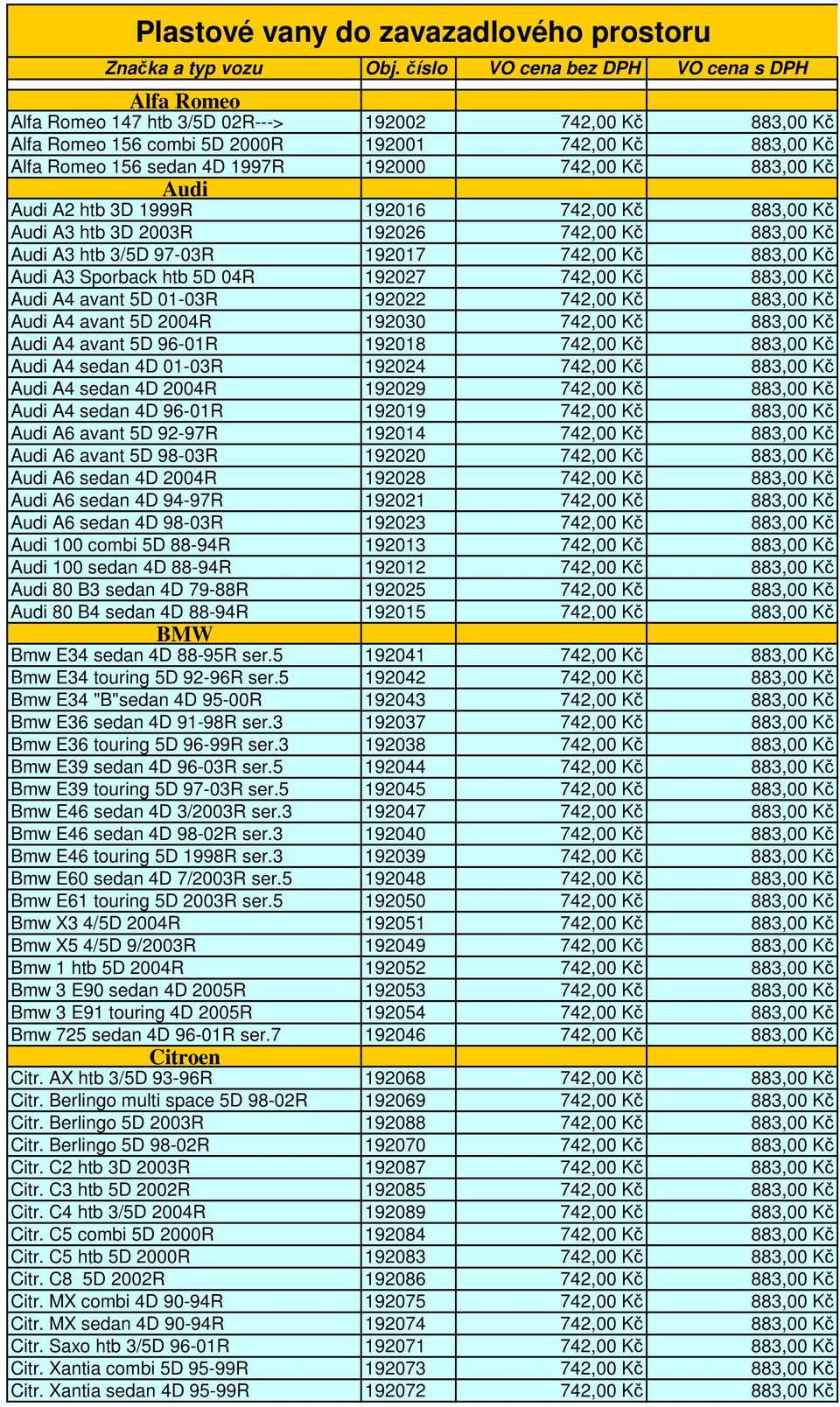 742,00 Kč 883,00 Kč Audi Audi A2 htb 3D 1999R 192016 742,00 Kč 883,00 Kč Audi A3 htb 3D 2003R 192026 742,00 Kč 883,00 Kč Audi A3 htb 3/5D 97-03R 192017 742,00 Kč 883,00 Kč Audi A3 Sporback htb 5D 04R