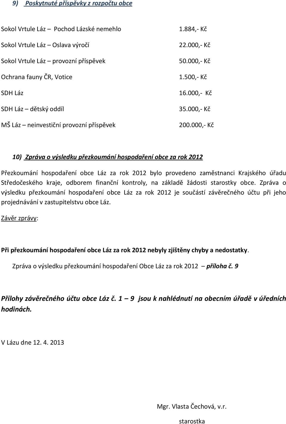 000,- Kč 10) Zpráva o výsledku přezkoumání hospodaření obce za rok 2012 Přezkoumání hospodaření obce Láz za rok 2012 bylo provedeno zaměstnanci Krajského úřadu Středočeského kraje, odborem finanční