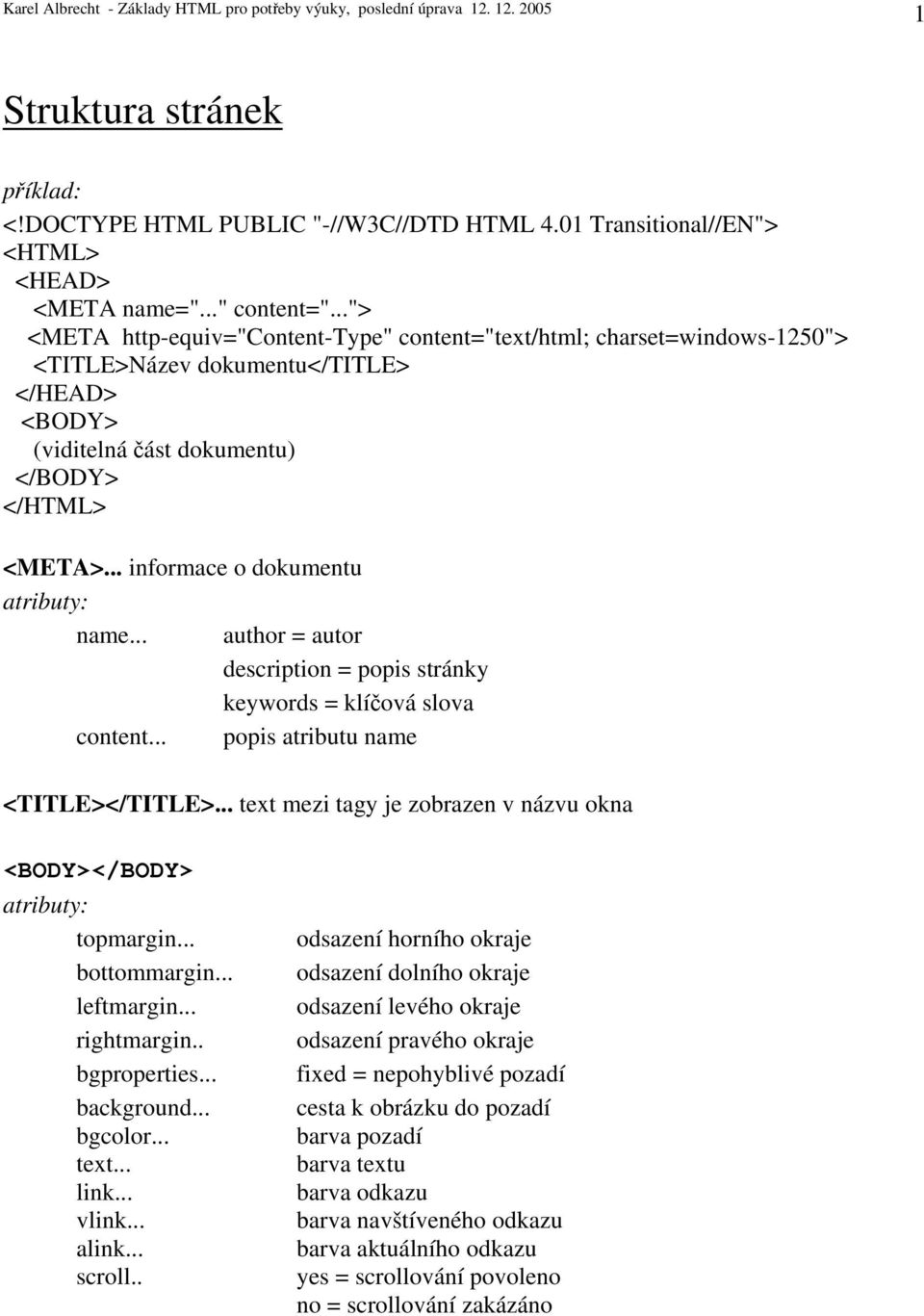 .. informace o dokumentu name... author = autor description = popis stránky keywords = klíčová slova content... popis atributu name <TITLE></TITLE>.