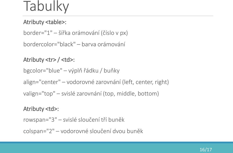 zarovnání (left, center, right) valign="top" svislé zarovnání (top, middle, bottom)