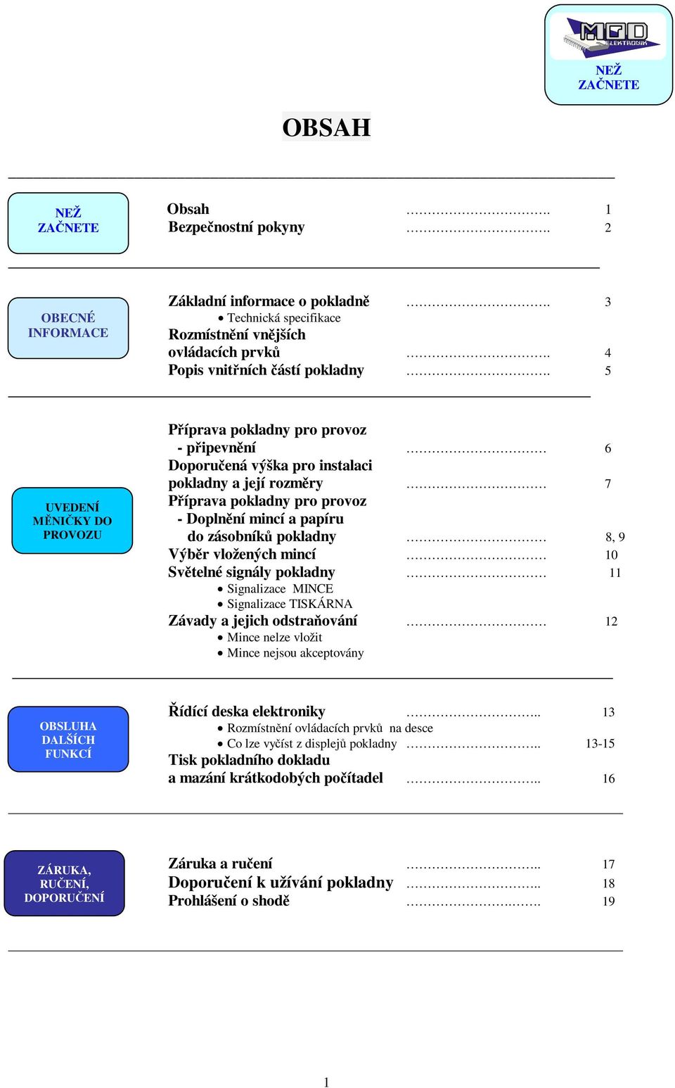 5 Příprava pokladny pro provoz - připevnění 6 Doporučená výška pro instalaci pokladny a její rozměry 7 UVEDENÍ Příprava pokladny pro provoz MĚNIČKY DO - Doplnění mincí a papíru PROVOZU do zásobníků