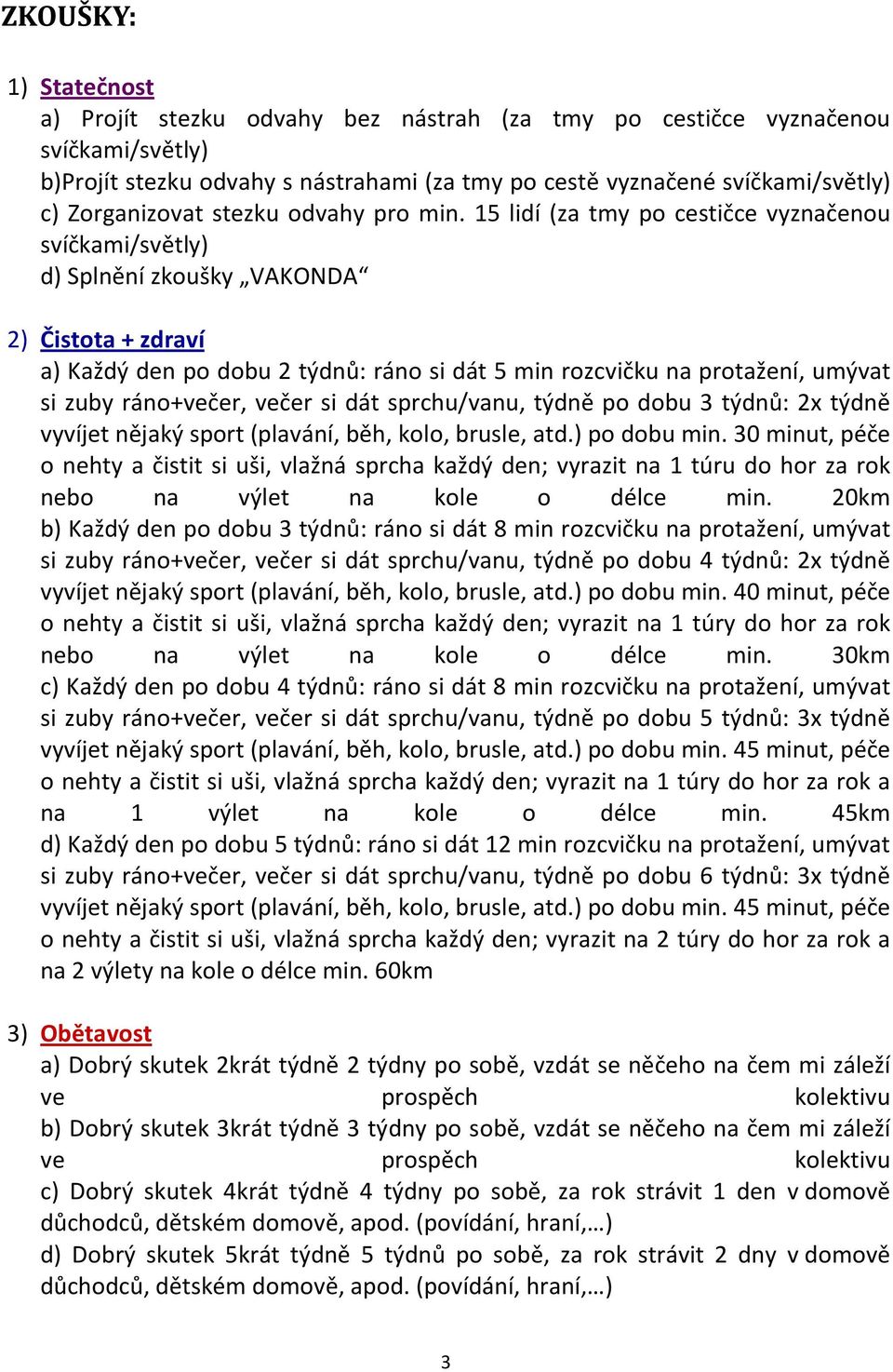 15 lidí (za tmy po cestičce vyznačenou svíčkami/světly) d) Splnění zkoušky VAKONDA 2) Čistota + zdraví a) Každý den po dobu 2 týdnů: ráno si dát 5 min rozcvičku na protažení, umývat si zuby