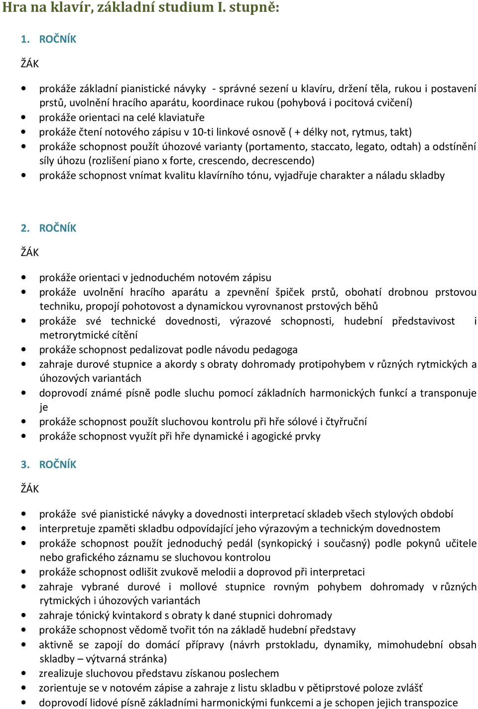 na celé klaviatuře prokáže čtení notového zápisu v 10-ti linkové osnově ( + délky not, rytmus, takt) prokáže schopnost použít úhozové varianty (portamento, staccato, legato, odtah) a odstínění síly