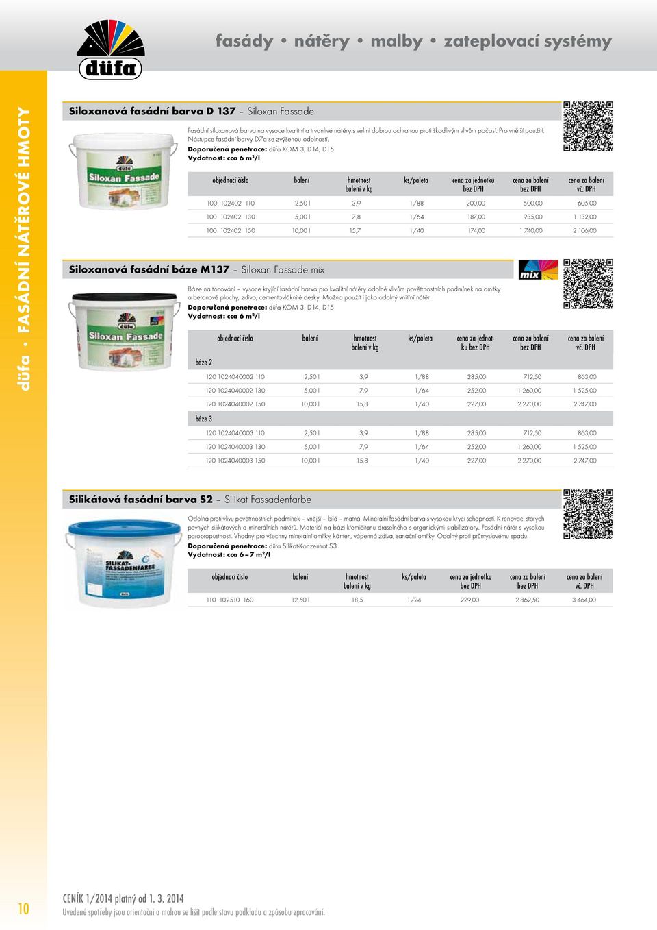 Doporučená penetrace: düfa KOM 3, D14, D15 Vydatnost: cca 6 m 2 /l Siloxanová fasádní báze M137 Siloxan Fassade mix 100 102402 110 2,50 l 3,9 1/88 200,00 500,00 605,00 100 102402 130 5,00 l 7,8 1/64