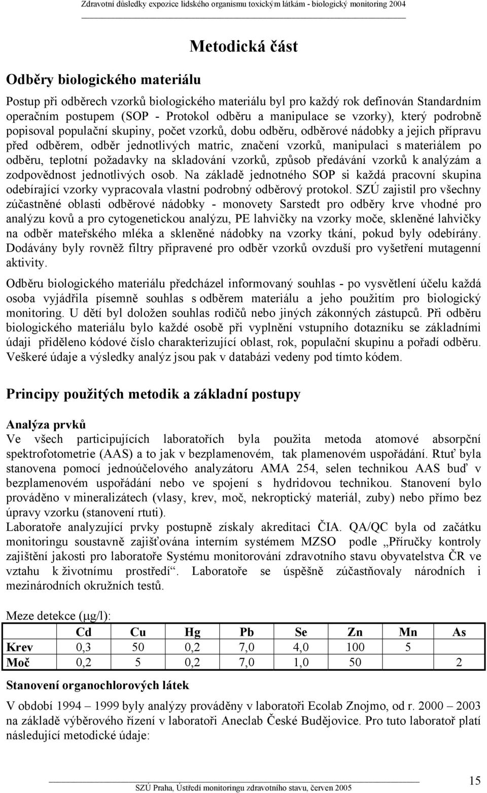odběru, teplotní požadavky na skladování vzorků, způsob předávání vzorků k analýzám a zodpovědnost jednotlivých osob.