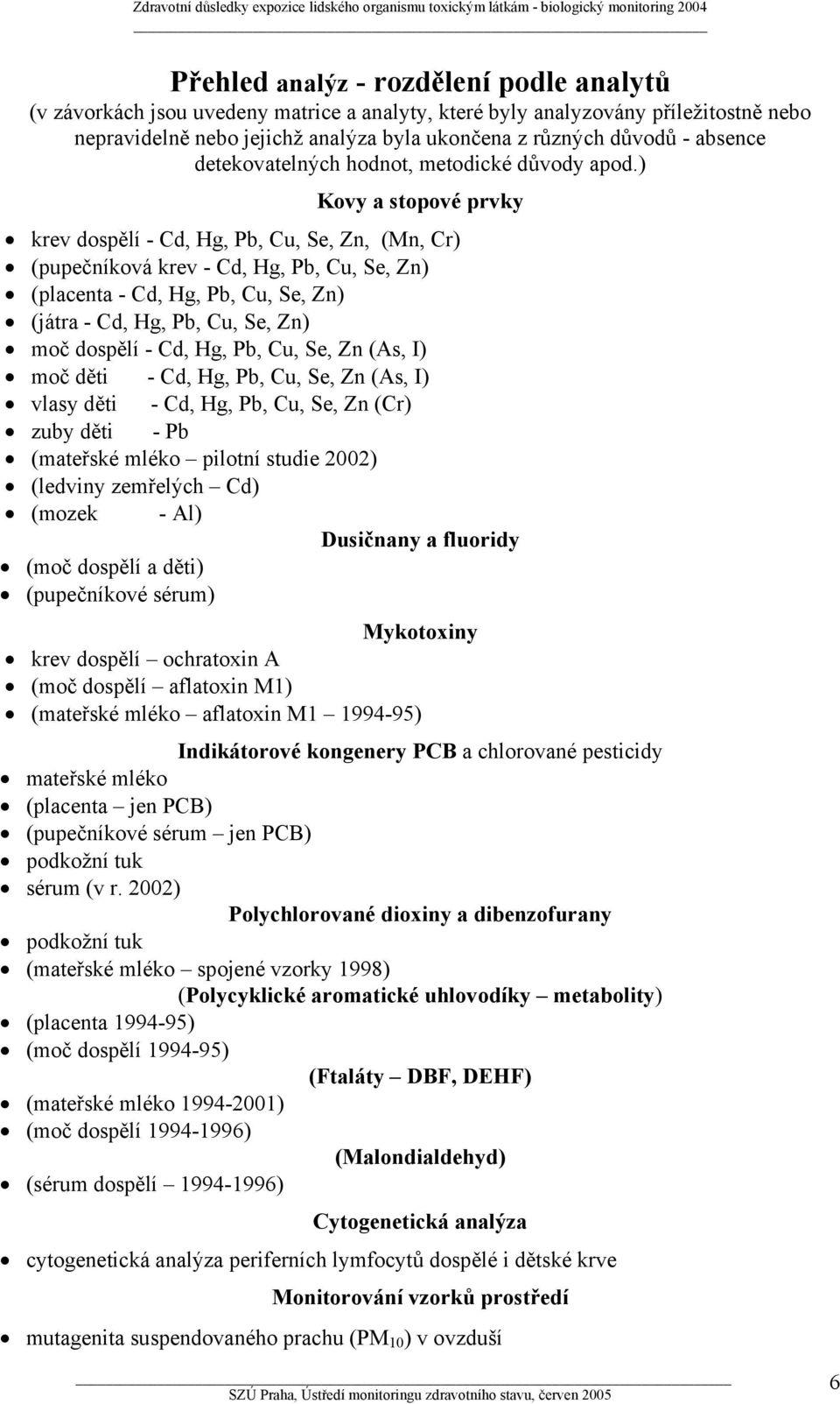 ) Kovy a stopové prvky krev dospělí - Cd, Hg, Pb, Cu, Se, Zn, (Mn, Cr) (pupečníková krev - Cd, Hg, Pb, Cu, Se, Zn) (placenta - Cd, Hg, Pb, Cu, Se, Zn) (játra - Cd, Hg, Pb, Cu, Se, Zn) moč dospělí -