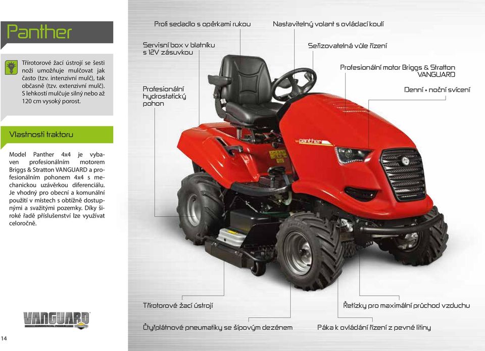 Stratton Vanguard Denní + noční svícení Vlastnosti traktoru Model Panther 4x4 je vybaven profesionálním motorem Briggs & Stratton Vanguard a profesionálním pohonem 4x4 s mechanickou uzávěrkou