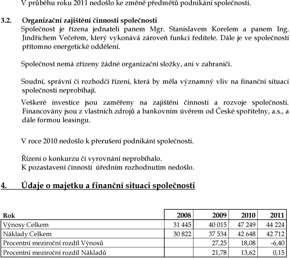 Soudní, správní či rozhodčí řízeni, která by měla významný vliv na finanční situaci společnosti neprobíhají. Veškeré investice jsou zaměřeny na zajištěni činnosti a rozvoje společnosti.