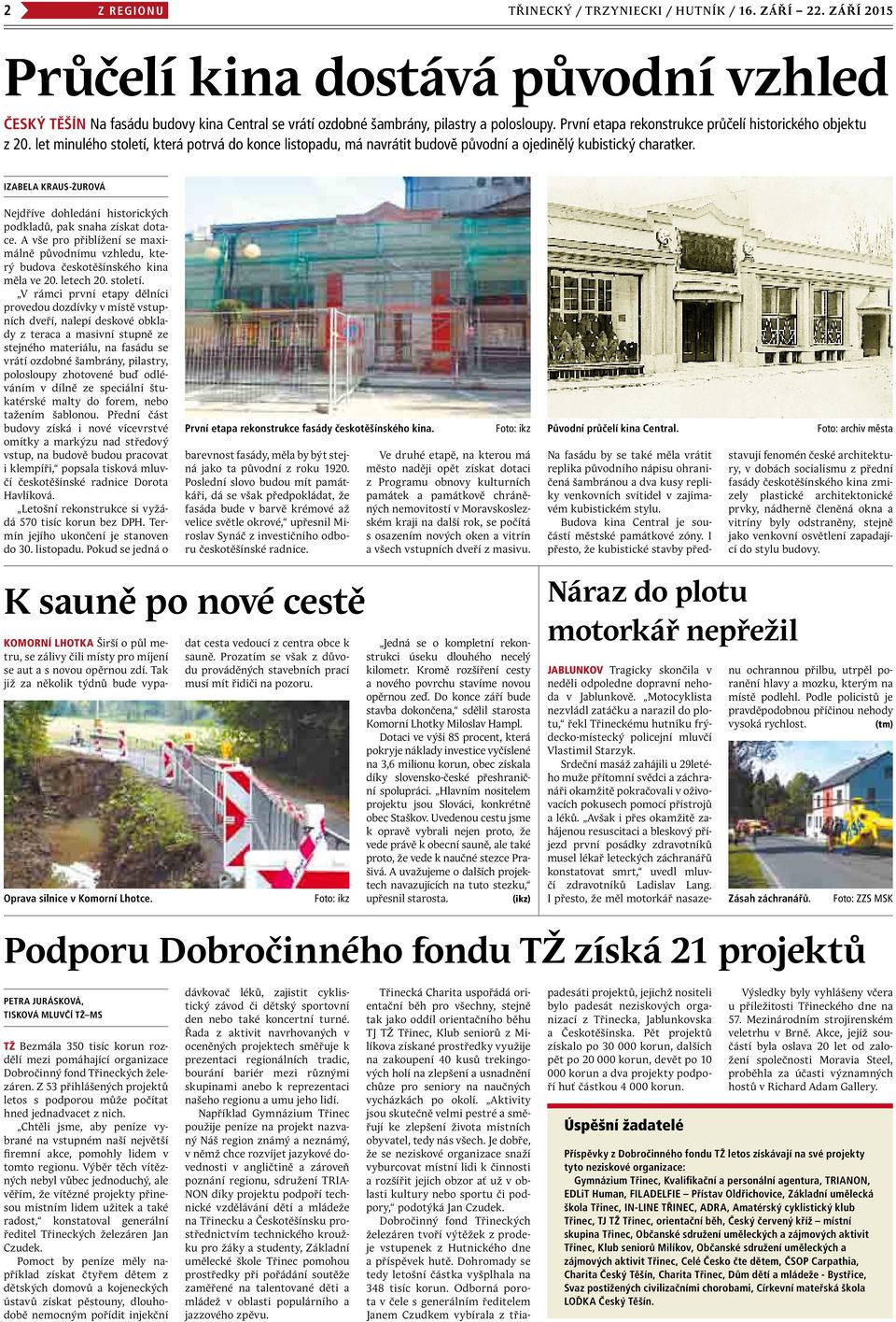 Izabela Kraus-Żurová Nejdříve dohledání historických podkladů, pak snaha získat dotace. A vše pro přiblížení se maximálně původnímu vzhledu, který budova českotěšínského kina měla ve 20. letech 20.