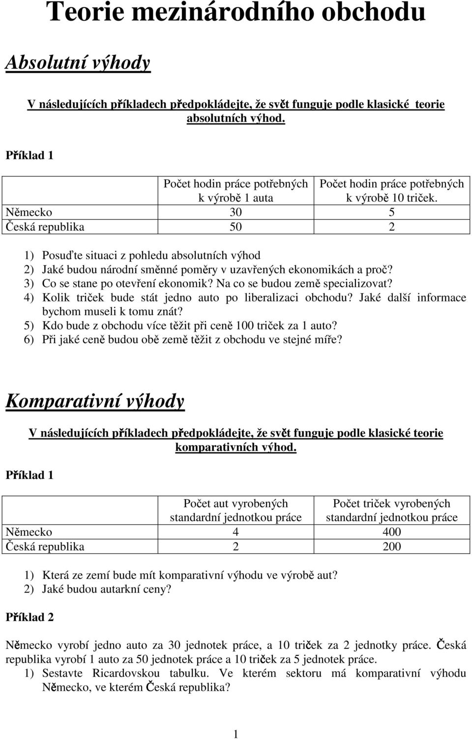 Nmecko 30 5 eská republika 50 2 1) Posute situaci z pohledu absolutních výhod 2) Jaké budou národní smnné pomry v uzavených ekonomikách a pro? 3) Co se stane po otevení ekonomik?