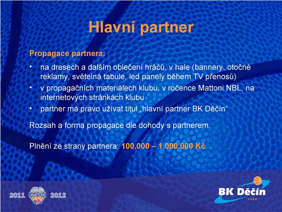 ročence Mattoni NBL, na internetových stránkách klubu partner má právo užívat titul hlavní