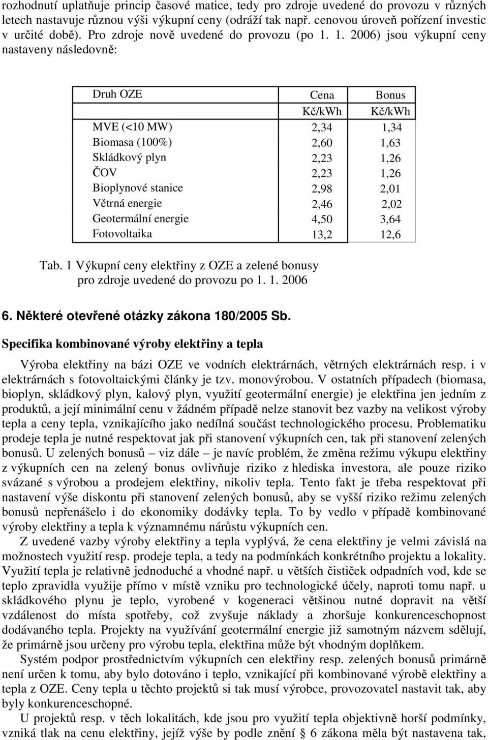 1. 2006) jsou výkupní ceny nastaveny následovně: Druh OZE Cena Bonus Kč/kWh Kč/kWh MVE (<10 MW) 2,34 1,34 Biomasa (100%) 2,60 1,63 Skládkový plyn 2,23 1,26 ČOV 2,23 1,26 Bioplynové stanice 2,98 2,01