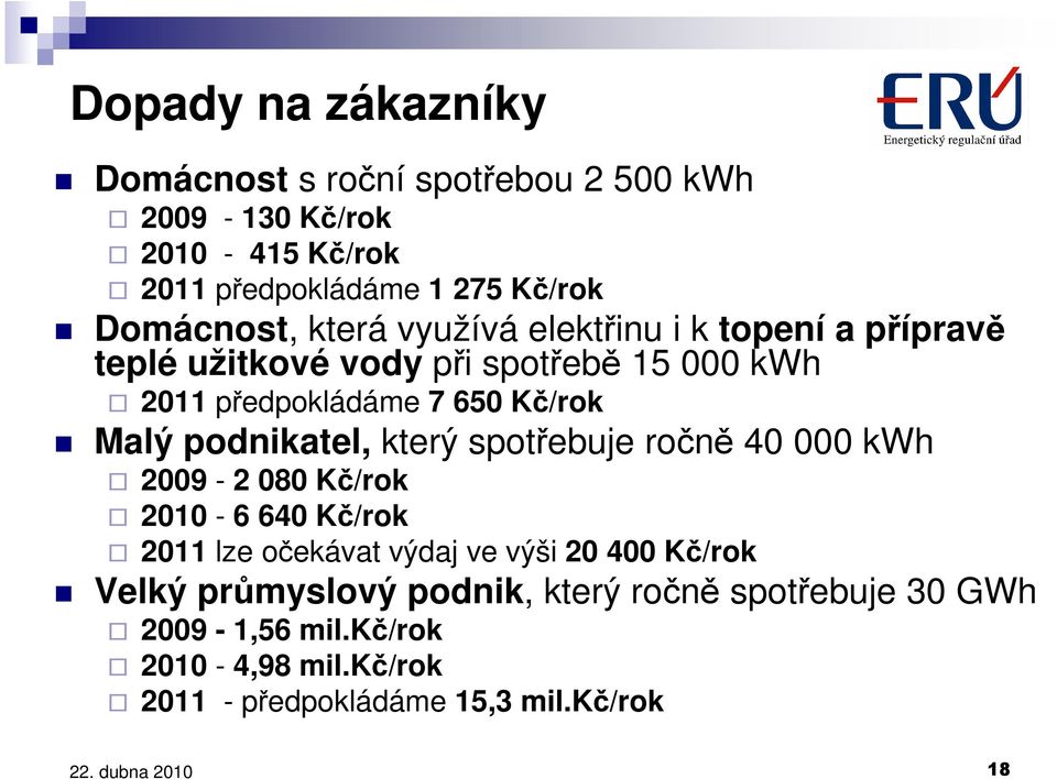 Kč/rok Malý podnikatel, který spotřebuje ročně 40 000 kwh 2009-2 080 Kč/rok 2010-6 640 Kč/rok 2011 lze očekávat výdaj ve výši 20