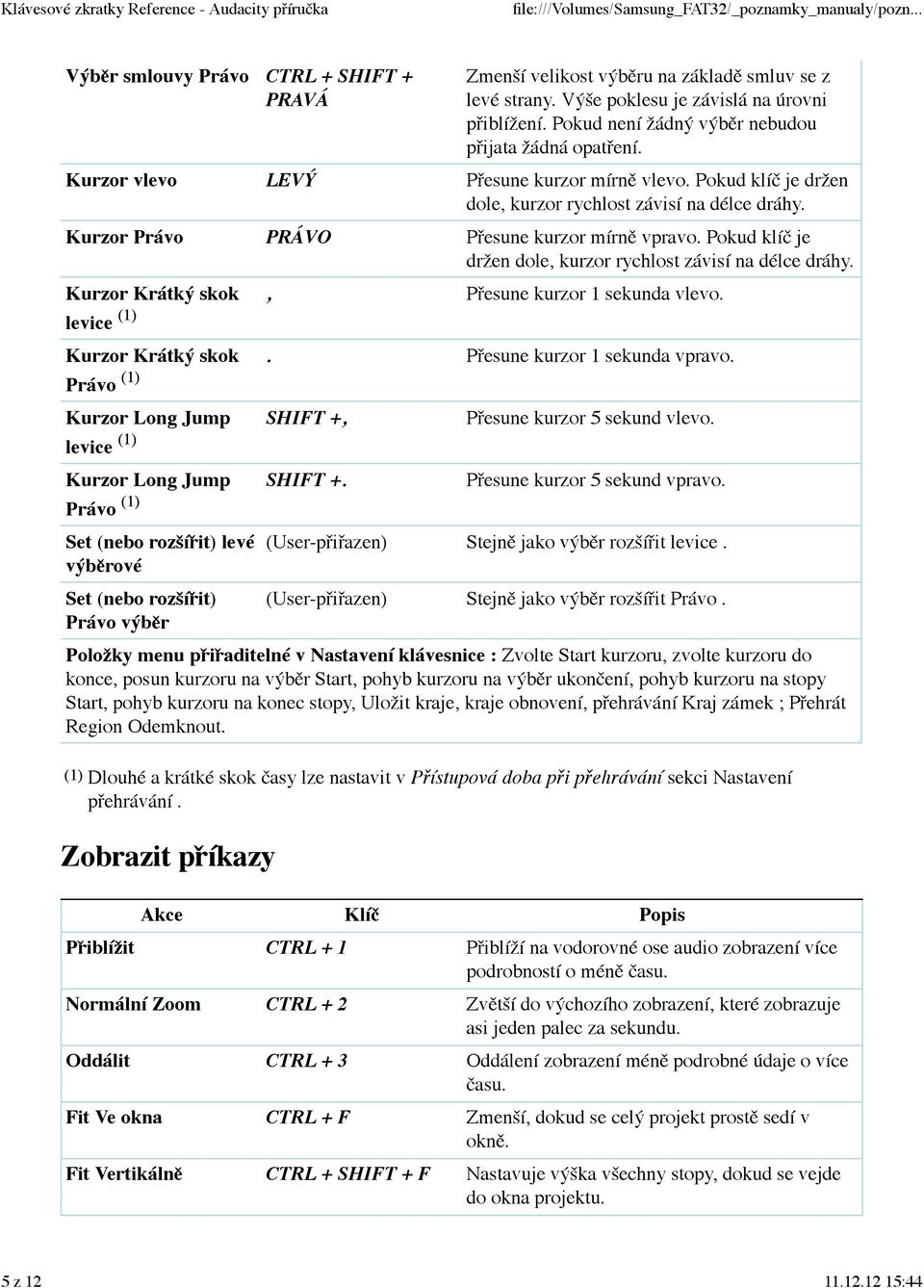 Pokud klíč je držen dole, kurzor rychlost závisí na délce dráhy. Kurzor Krátký skok, Přesune kurzor 1 sekunda vlevo. levice (1) Kurzor Krátký skok. Přesune kurzor 1 sekunda vpravo.