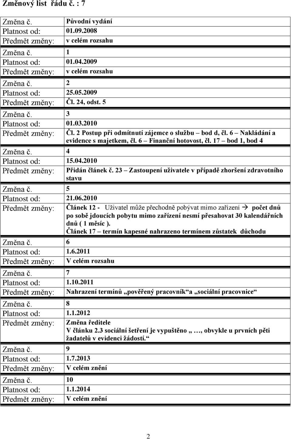 6.2011 Předmět změny: V celém rozsahu Čl. 2 Postup při odmítnutí zájemce o službu bod d, čl. 6 Nakládání a evidence s majetkem, čl. 6 Finanční hotovost, čl. 17 bod 1, bod 4 Přidán článek č.