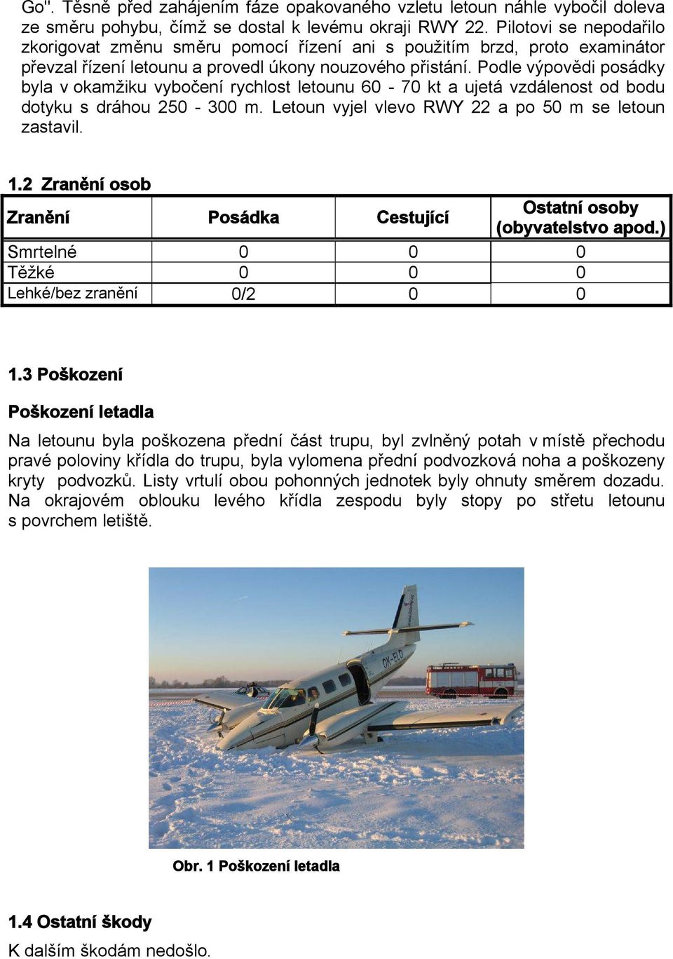 Podle výpovědi posádky byla v okamžiku vybočení rychlost letounu 60-70 kt a ujetá vzdálenost od bodu dotyku s dráhou 250-300 m. Letoun vyjel vlevo RWY 22 a po 50 m se letoun zastavil. 1.