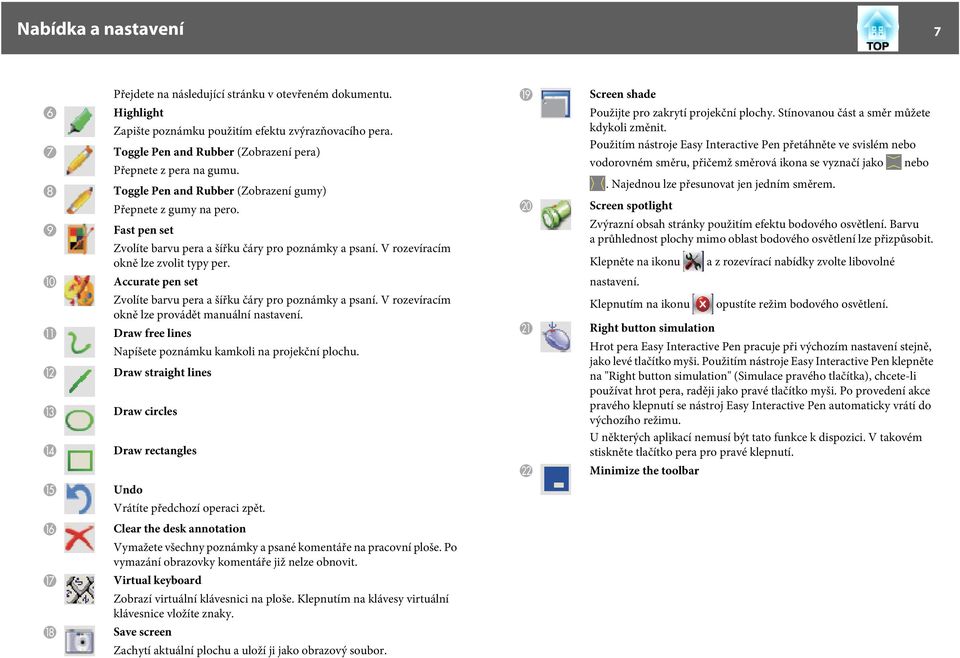 V rozevíracím okně lze zvolit typy per. S T Screen shade Použijte pro zakrytí projekční plochy. Stínovanou část a směr můžete kdykoli změnit.