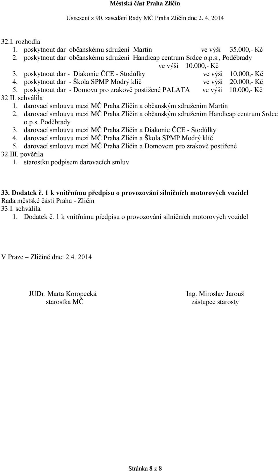 000,- Kč 32.II. schválila 1. darovací smlouvu mezi MČ Praha Zličín a občanským sdružením Martin 2. darovací smlouvu mezi MČ Praha Zličín a občanským sdružením Handicap centrum Srdce o.p.s. Poděbrady 3.