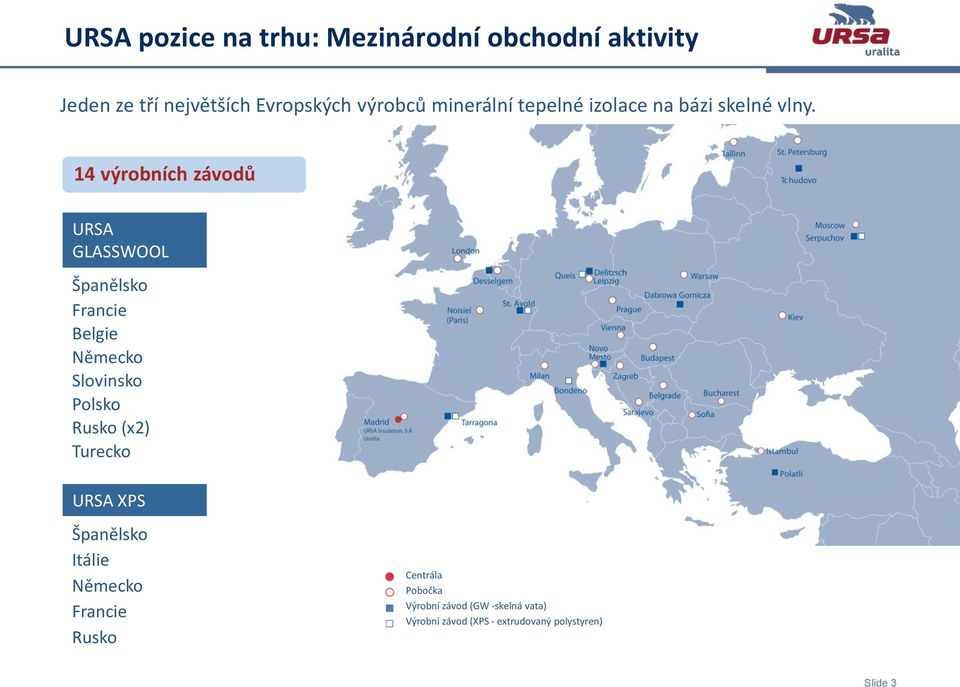 14 výrobních závodů URSA GLASSWOOL Španělsko Francie Belgie Německo Slovinsko Polsko Rusko (x2)