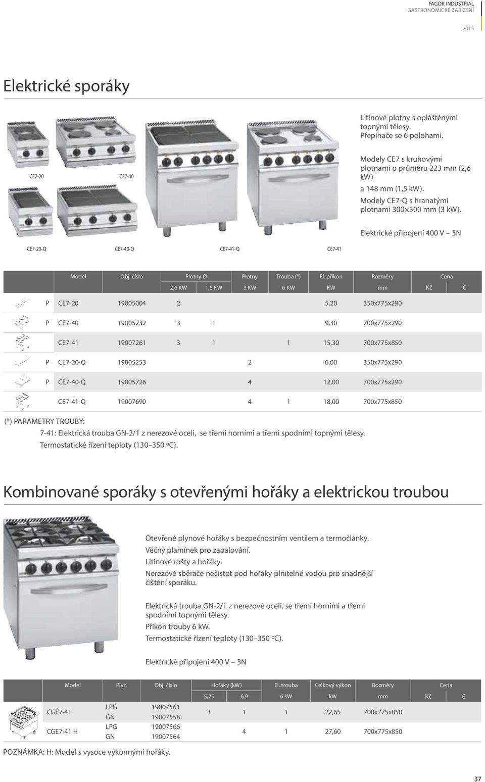 Elektrické připojení 400 V 3N CE7-20-Q CE7-40-Q CE7-41-Q CE7-41 Model Obj. číslo Plotny Ø Plotny Trouba (*) El.