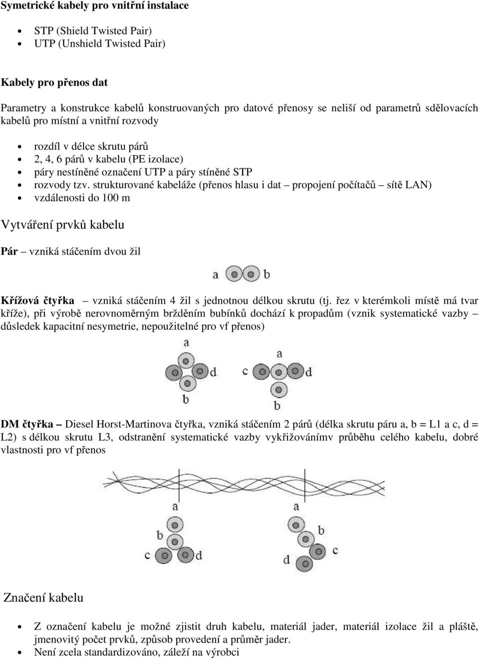 strukturované kabeláže (přenos hlasu i dat propojení počítačů sítě LAN) vzdálenosti do 100 m Vytváření prvků kabelu Pár vzniká stáčením dvou žil Křížová čtyřka vzniká stáčením 4 žil s jednotnou