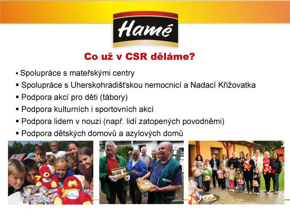nemocnicí a Nadací Křižovatka Podpora akcí pro děti (tábory) Podpora