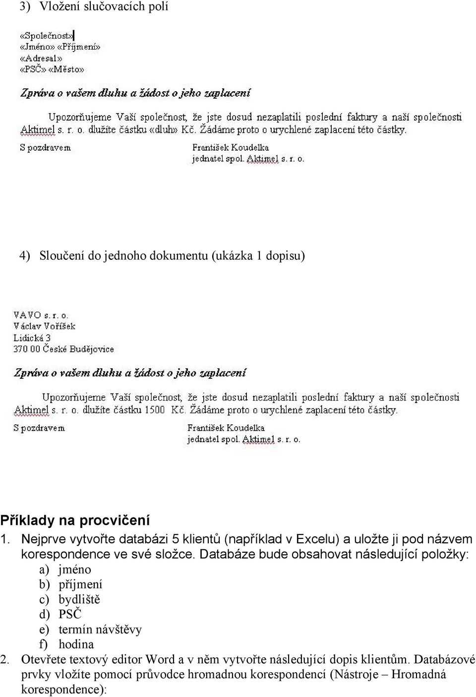 Databáze bude obsahovat následující položky: a) jméno b) příjmení c) bydliště d) PSČ e) termín návštěvy f) hodina 2.