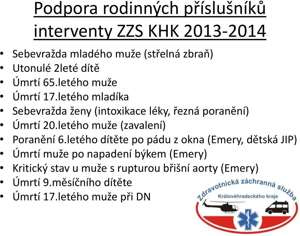 letého mladíka Sebevražda ženy (intoxikace léky, řezná poranění) Úmrtí 20.letého muže (zavalení) Poranění 6.