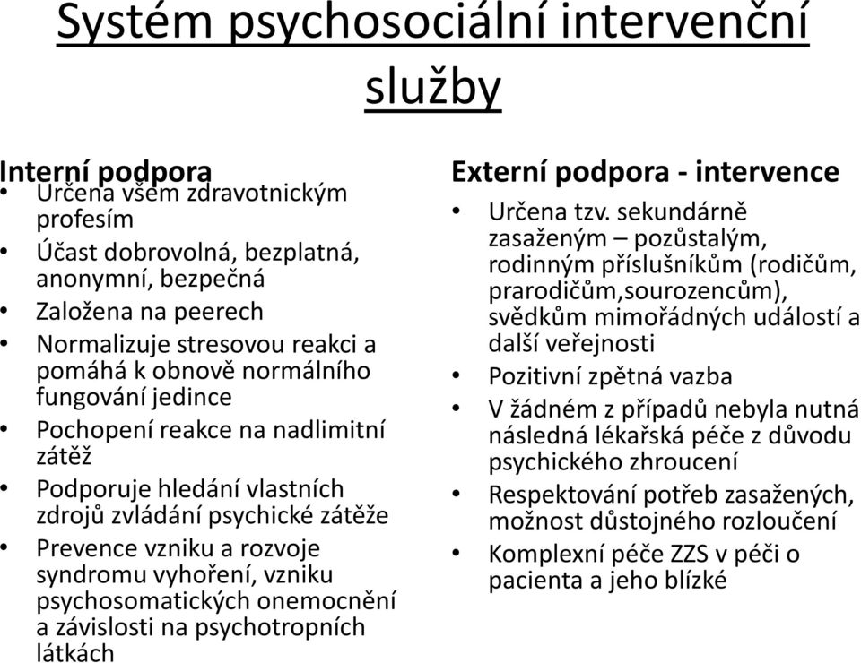 psychosomatických onemocnění a závislosti na psychotropních látkách Externí podpora - intervence Určena tzv.