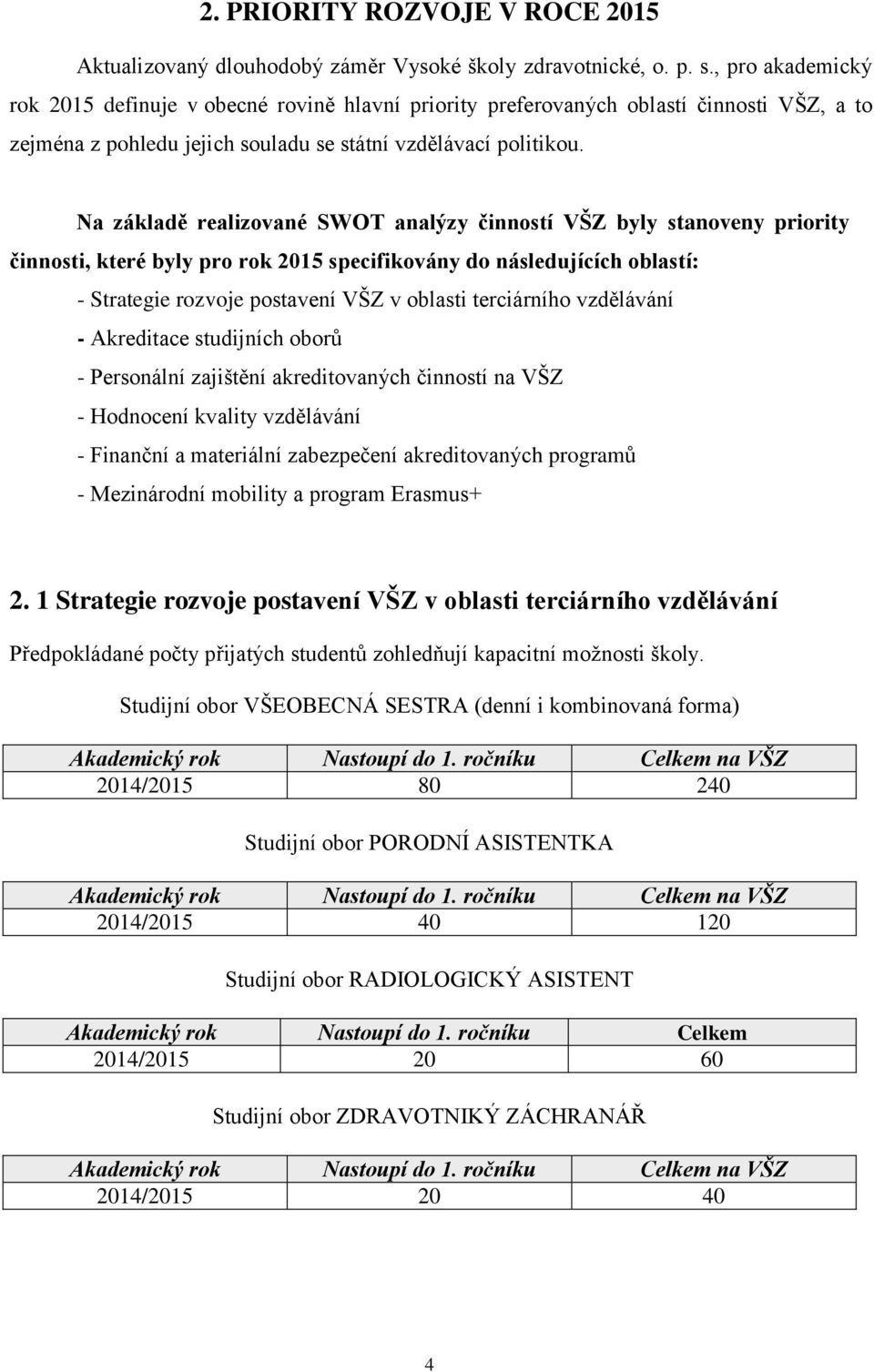 Na základě realizované SWOT analýzy činností VŠZ byly stanoveny priority činnosti, které byly pro rok 2015 specifikovány do následujících oblastí: - Strategie rozvoje postavení VŠZ v oblasti