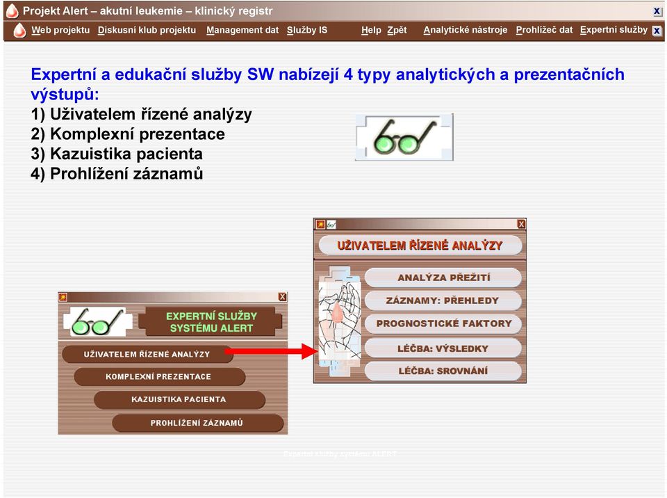 služby SW nabízejí 4 typy analytických a prezentačních výstupů: 1) Uživatelem řízené analýzy 2)