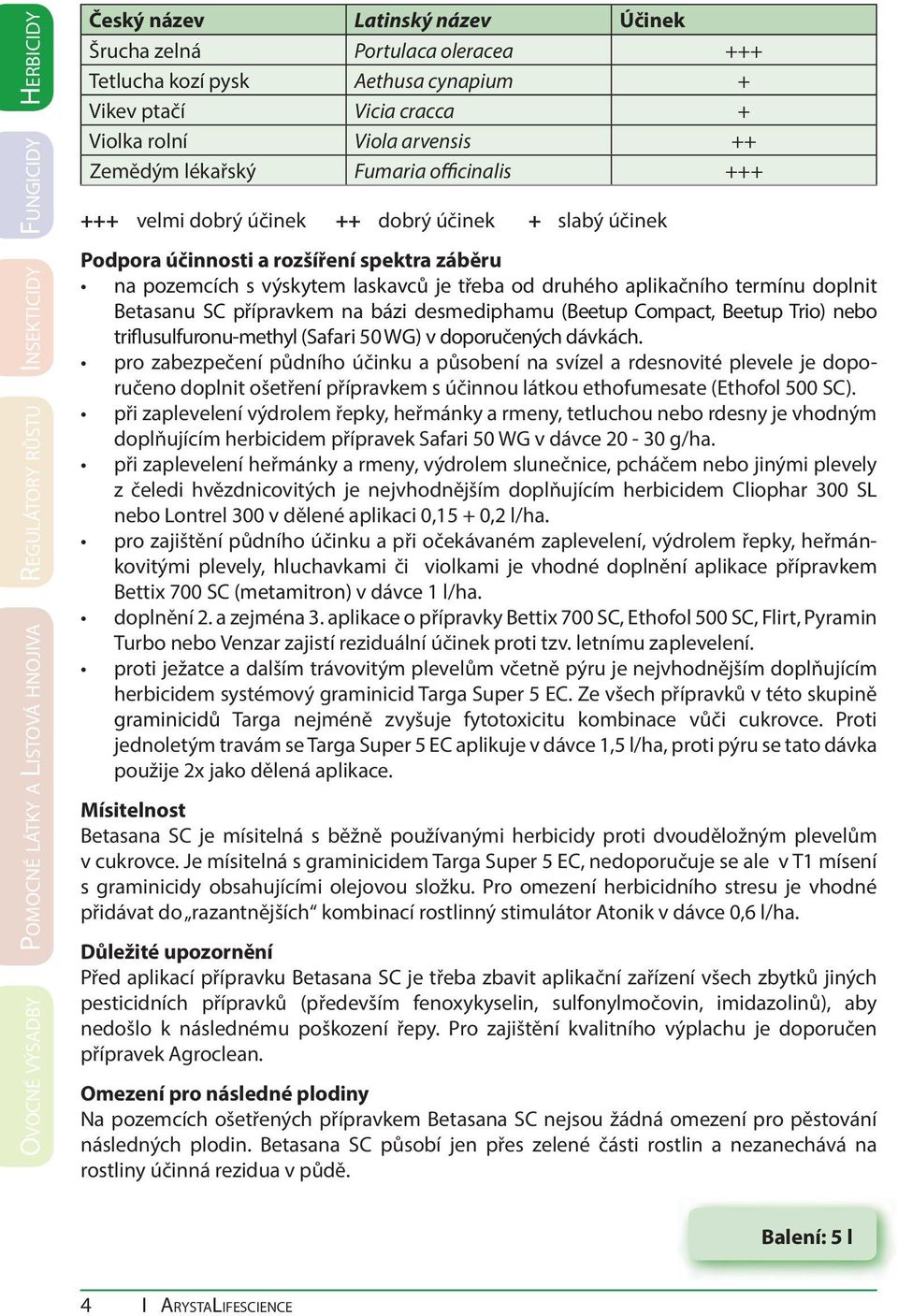 s výskytem laskavců je třeba od druhého aplikačního termínu doplnit Betasanu SC přípravkem na bázi desmediphamu (Beetup Compact, Beetup Trio) nebo triflusulfuronu-methyl (Safari 50 WG) v doporučených