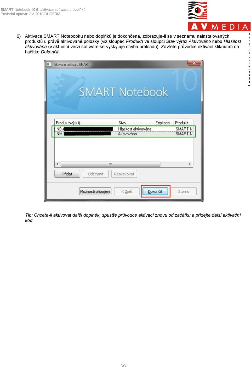 aktuální verzi software se vyskytuje chyba překladu). Zavřete průvodce aktivací kliknutím na tlačítko Dokončit.