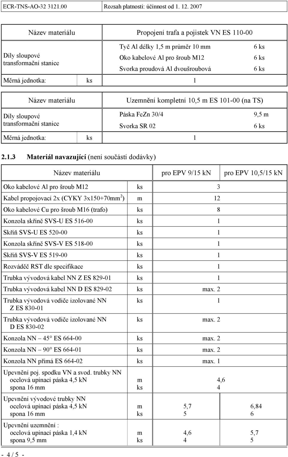 2.1.3 Materiál navazující (není součástí dodávky) pro EPV 9/15 kn pro EPV 10,5/15 kn Oko kabelové Al pro šroub M12 3 Kabel propojovací 2x (CYKY 3x150+70 2 ) 12 Oko kabelové Cu pro šroub M16 (trafo) 8