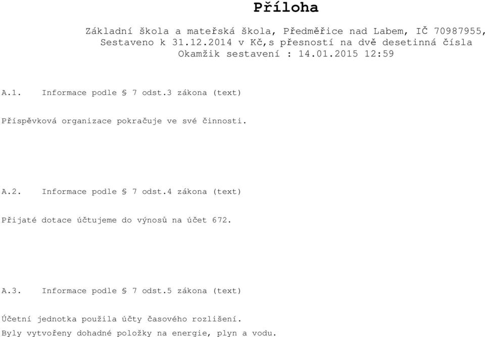 3 zákona (text) Příspěvková organizace pokračuje ve své činnosti. A.2. Informace podle 7 odst.
