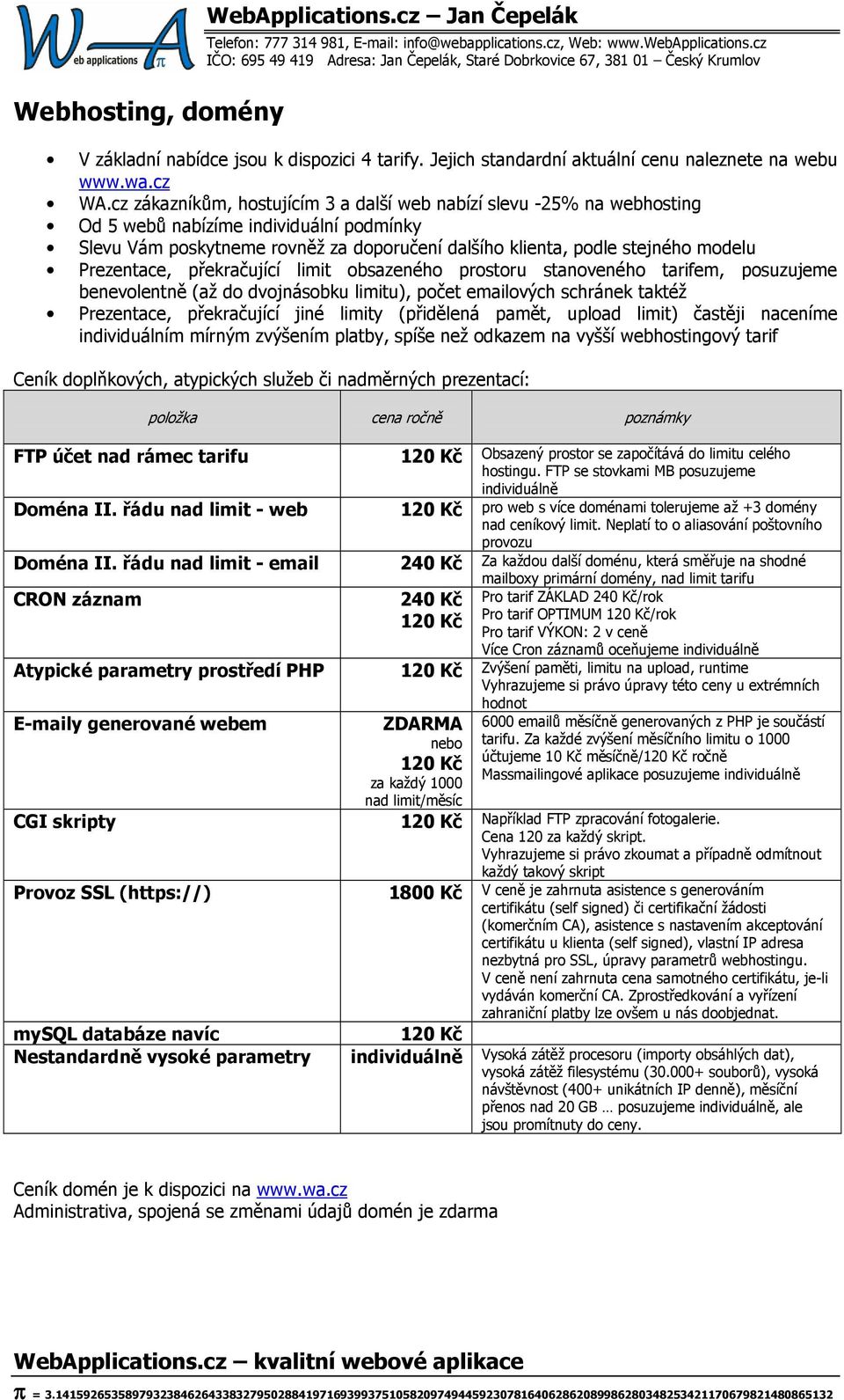 Prezentace, překračující limit obsazeného prostoru stanoveného tarifem, posuzujeme benevolentně (až do dvojnásobku limitu), počet emailových schránek taktéž Prezentace, překračující jiné limity