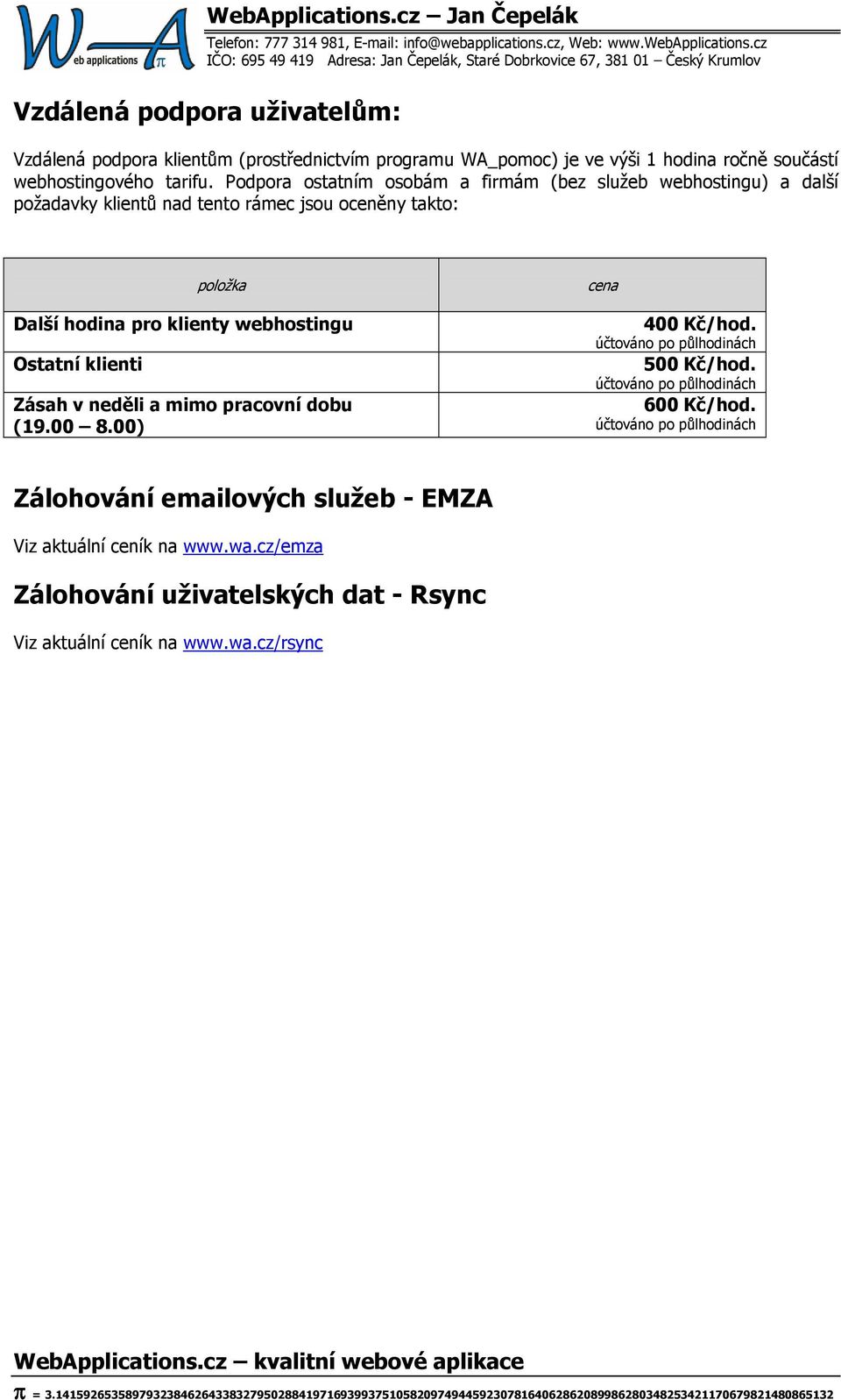 Podpora ostatním osobám a firmám (bez služeb webhostingu) a další požadavky klientů nad tento rámec jsou oceněny takto: položka Další hodina