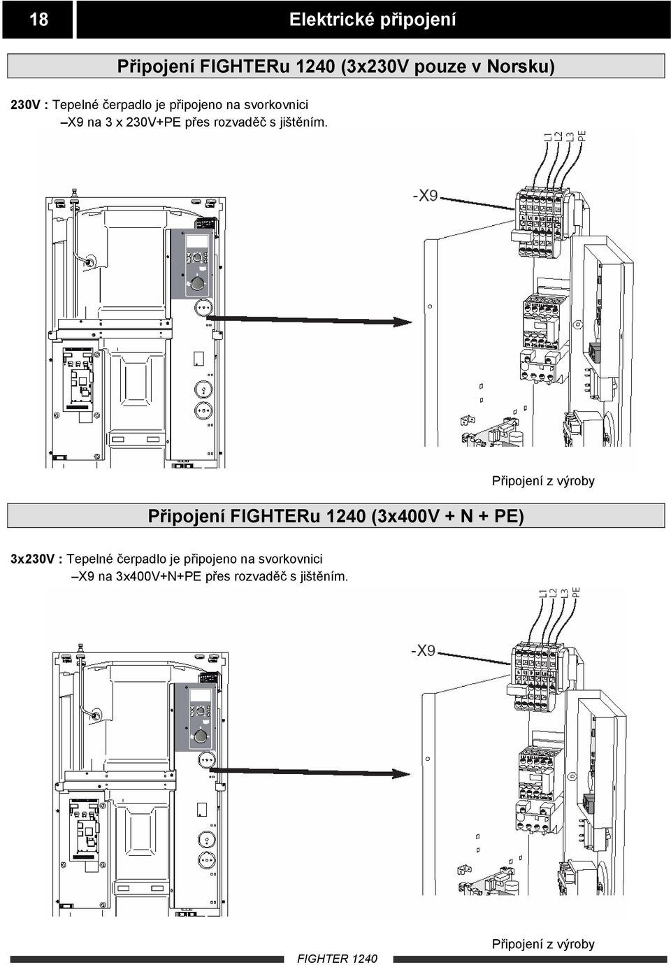 Připojení FIGHTERu 1240 (3x400V + N + PE) Připojení z výroby 3x230V : Tepelné čerpadlo