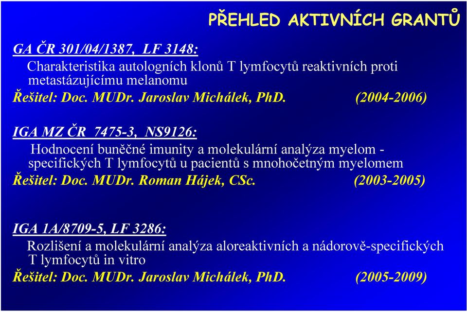(2004-2006) IGA MZ ČR 7475-3, NS9126: Hodnocení buněčné imunity a molekulární analýza myelom - specifických T lymfocytů u pacientů s
