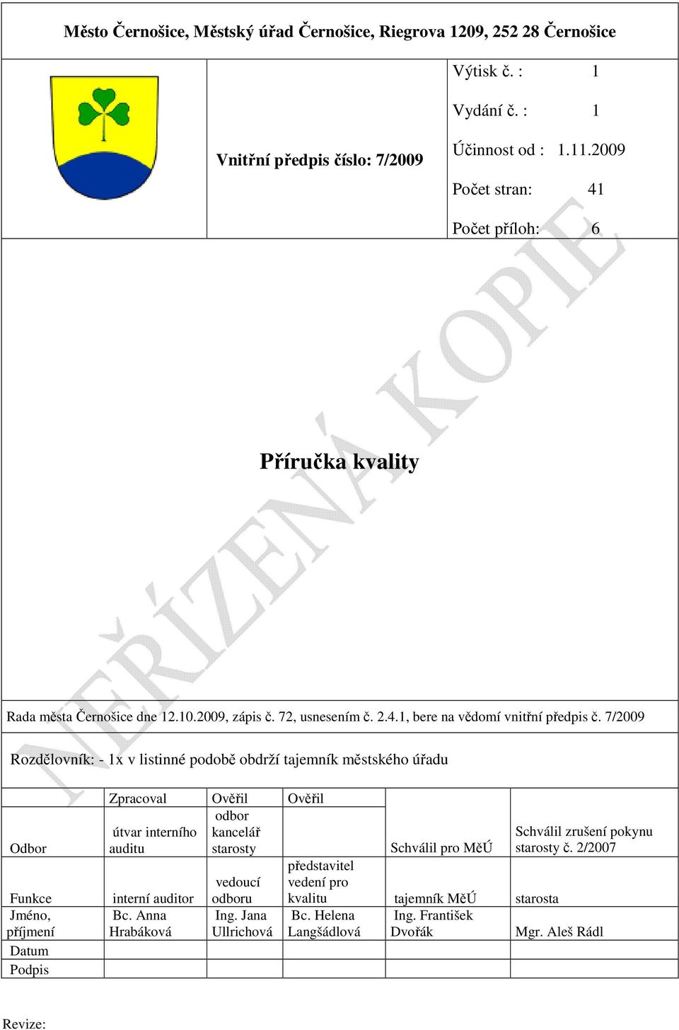 7/2009 Rozdělovník: - 1x v listinné podobě obdrží tajemník městského úřadu Odbor Funkce Jméno, příjmení Datum Podpis Zpracoval Ověřil Ověřil odbor útvar interního kancelář auditu