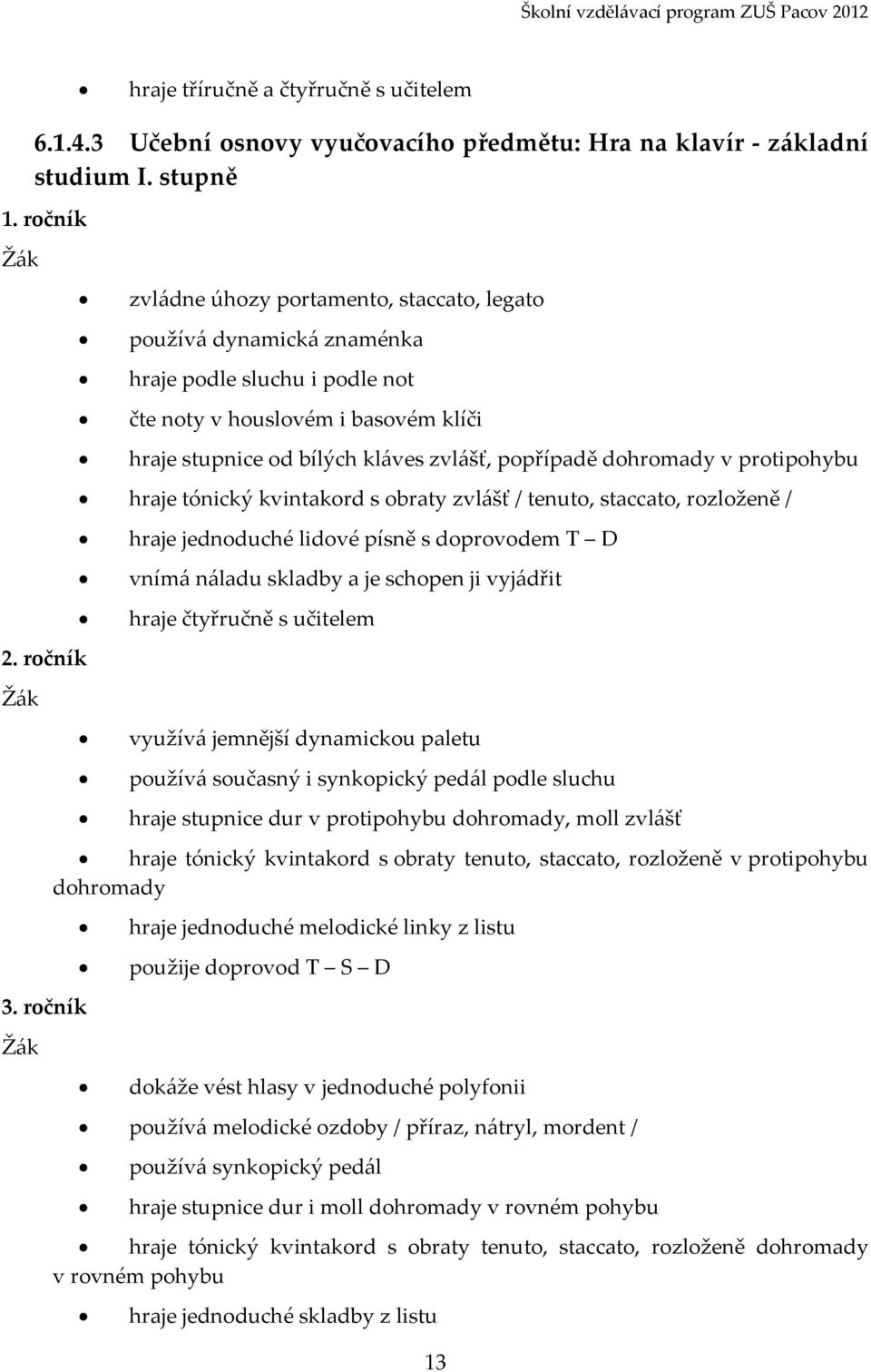 dohromady v protipohybu hraje tónický kvintakord s obraty zvlášť / tenuto, staccato, rozloženě / hraje jednoduché lidové písně s doprovodem T D vnímá náladu skladby a je schopen ji vyjádřit hraje