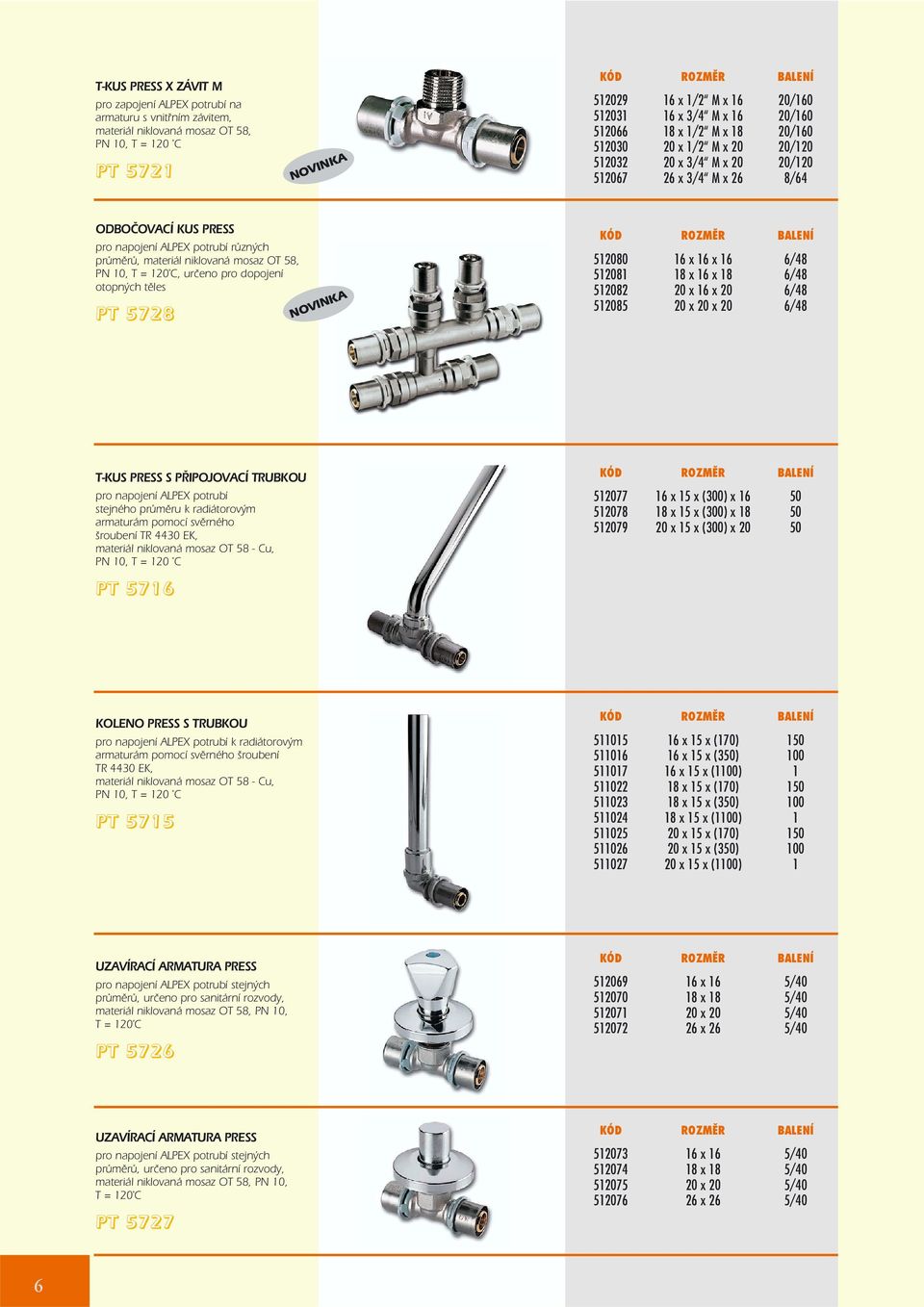 OT 58, PN 10, T = 120 C, urèeno pro dopojení otopných tìles PT 5728 NOVINKA 512080 16 x 16 x 16 6/48 512081 18 x 16 x 18 6/48 512082 20 x 16 x 20 6/48 512085 20 x 20 x 20 6/48 T-KUS PRESS S