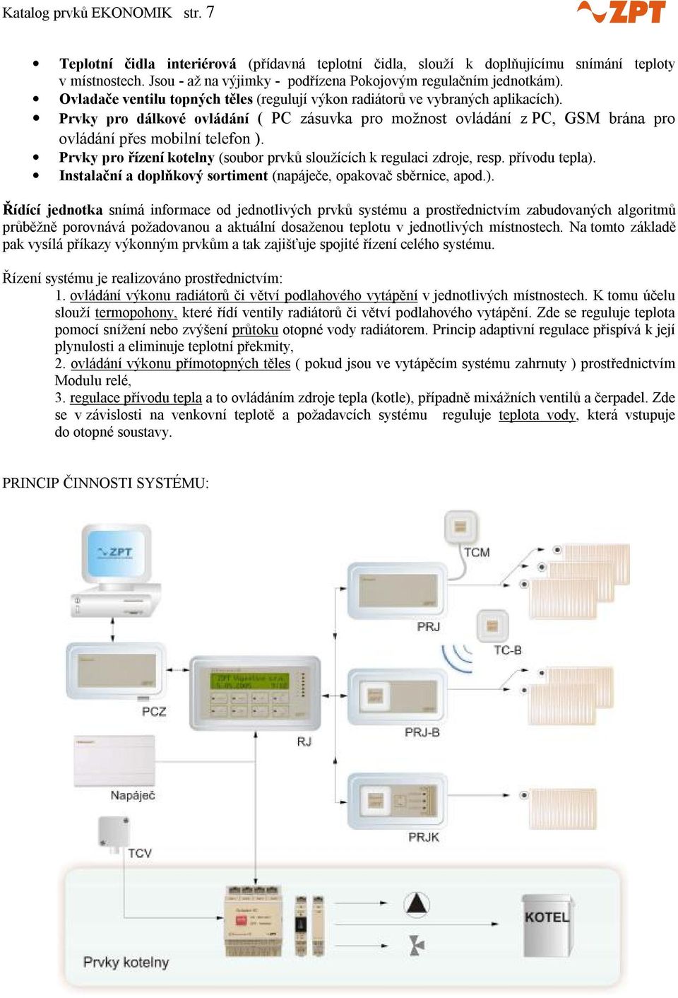 Prvky pro dálkové ovládání ( PC zásuvka pro možnost ovládání z PC, GSM brána pro ovládání přes mobilní telefon ). Prvky pro řízení kotelny (soubor prvků sloužících k regulaci zdroje, resp.