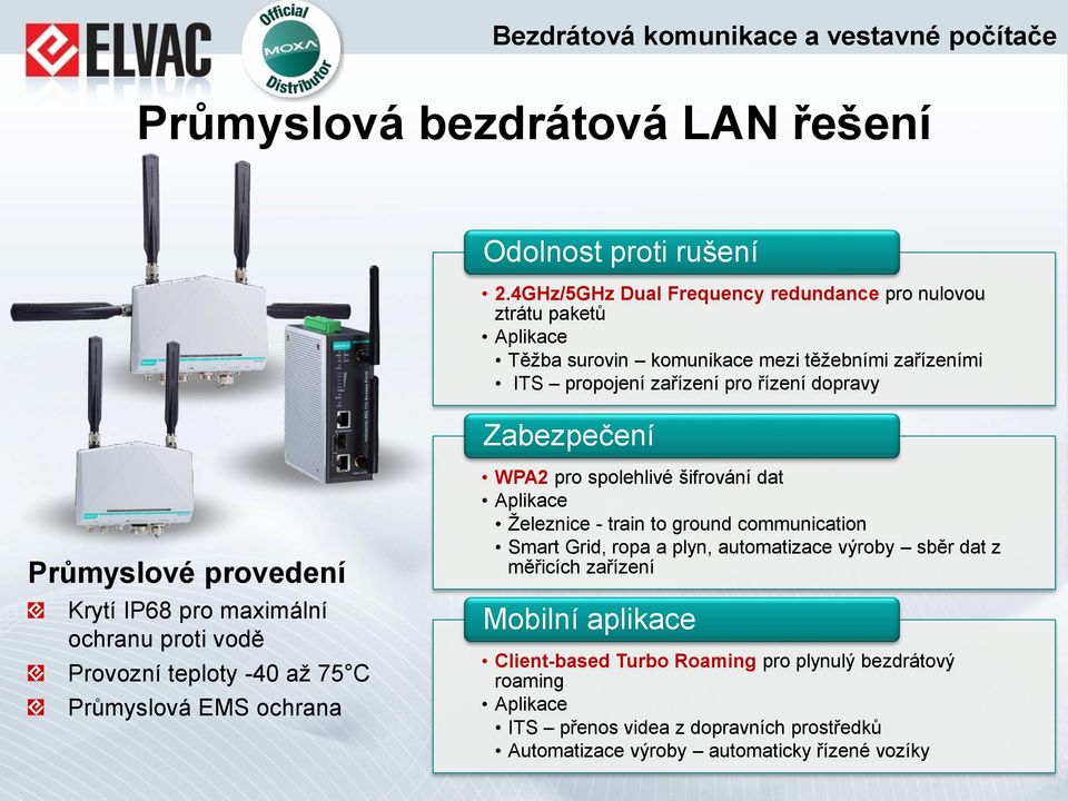 Zabezpečení Průmyslové provedení Krytí IP68 pro maximální ochranu proti vodě Provozní teploty -40 až 75 C Průmyslová EMS ochrana WPA2 pro spolehlivé šifrování dat