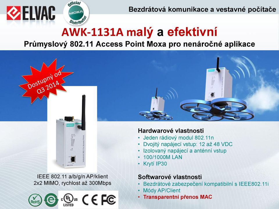 11n Dvojitý napájecí vstup: 12 až 48 VDC Izolovaný napájecí a anténní vstup 100/1000M LAN Krytí IP30