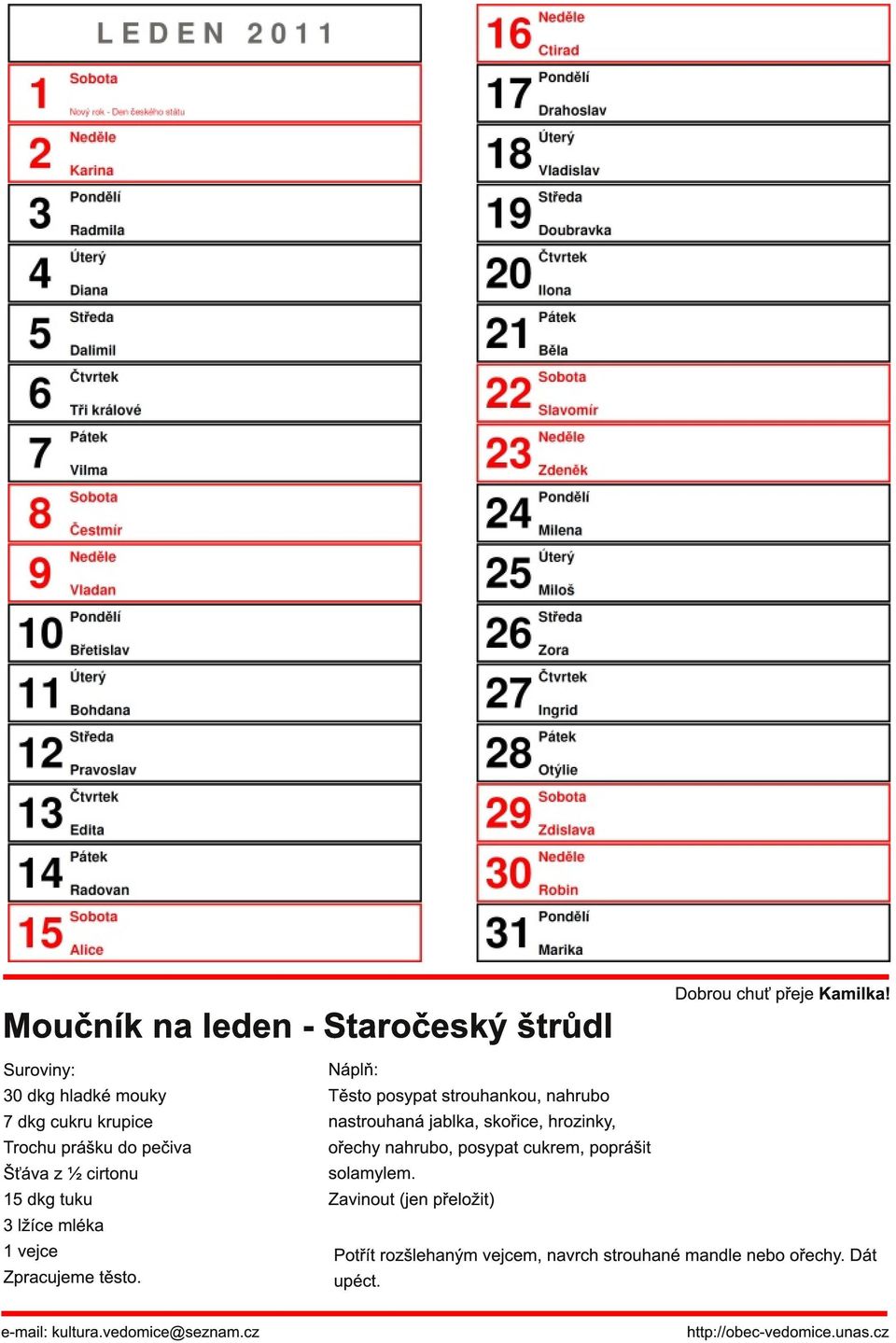 Náplň: Těsto posypat strouhankou, nahrubo nastrouhaná jablka, skořice, hrozinky, ořechy nahrubo, posypat