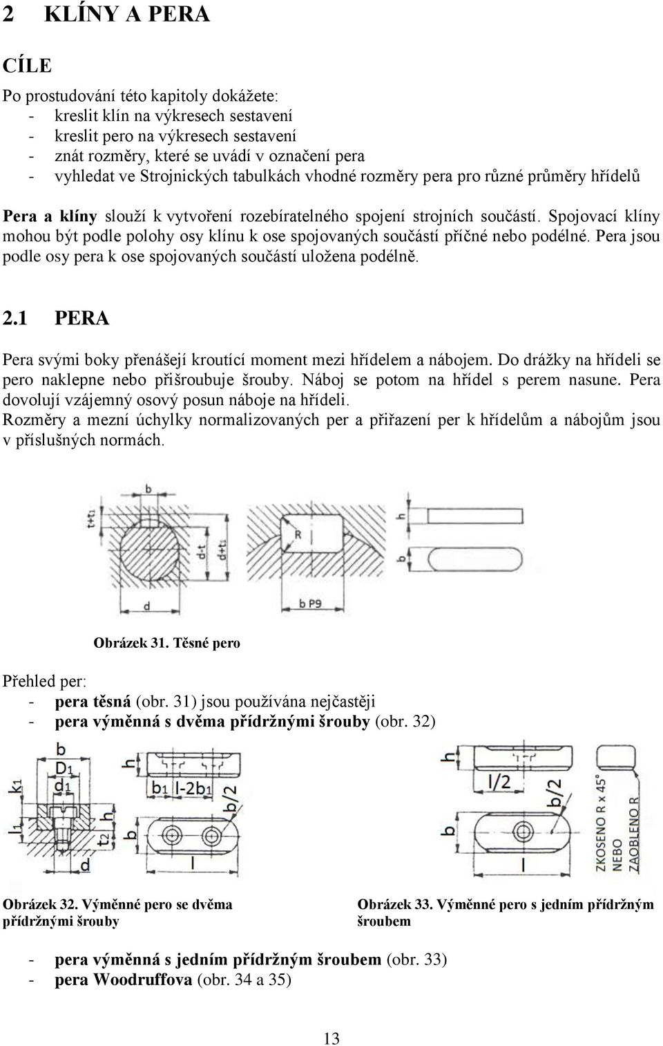 Spojovací klíny mohou být podle polohy osy klínu k ose spojovaných součástí příčné nebo podélné. Pera jsou podle osy pera k ose spojovaných součástí uloţena podélně. 2.