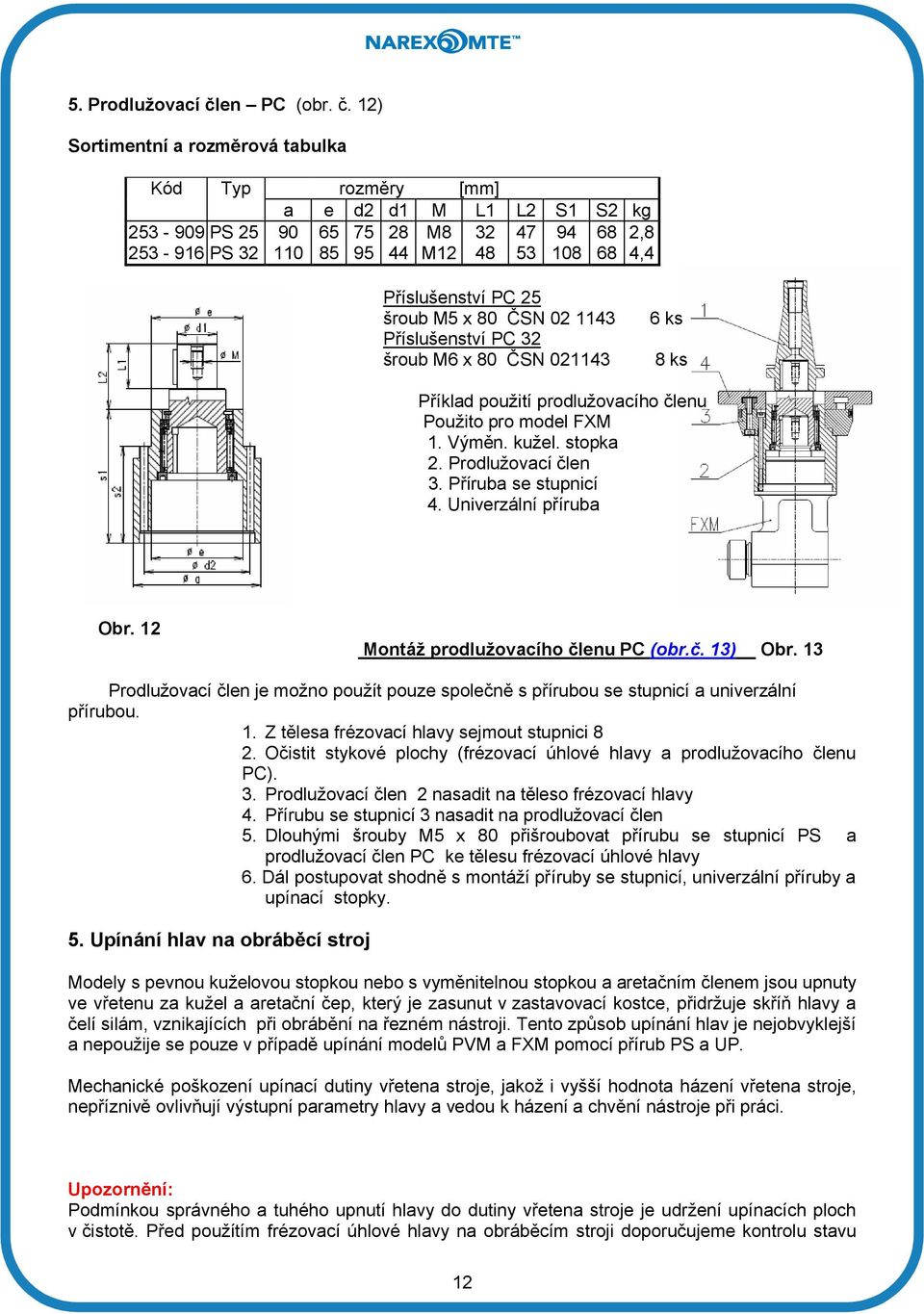 12) Sortimentní a rozměrová tabulka Kód Typ rozměry [mm] a e d2 d1 M L1 L2 S1 S2 kg 253-909 PS 25 90 65 75 28 M8 32 47 94 68 2,8 253-916 PS 32 110 85 95 44 M12 48 53 108 68 4,4 Příslušenství PC 25